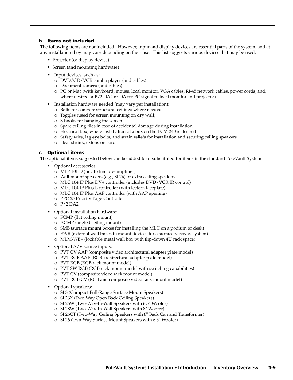 B. items not included, C. optional items | Extron Electronics PoleVault Systems PVS 200, 300, and 400 User Manual | Page 11 / 50