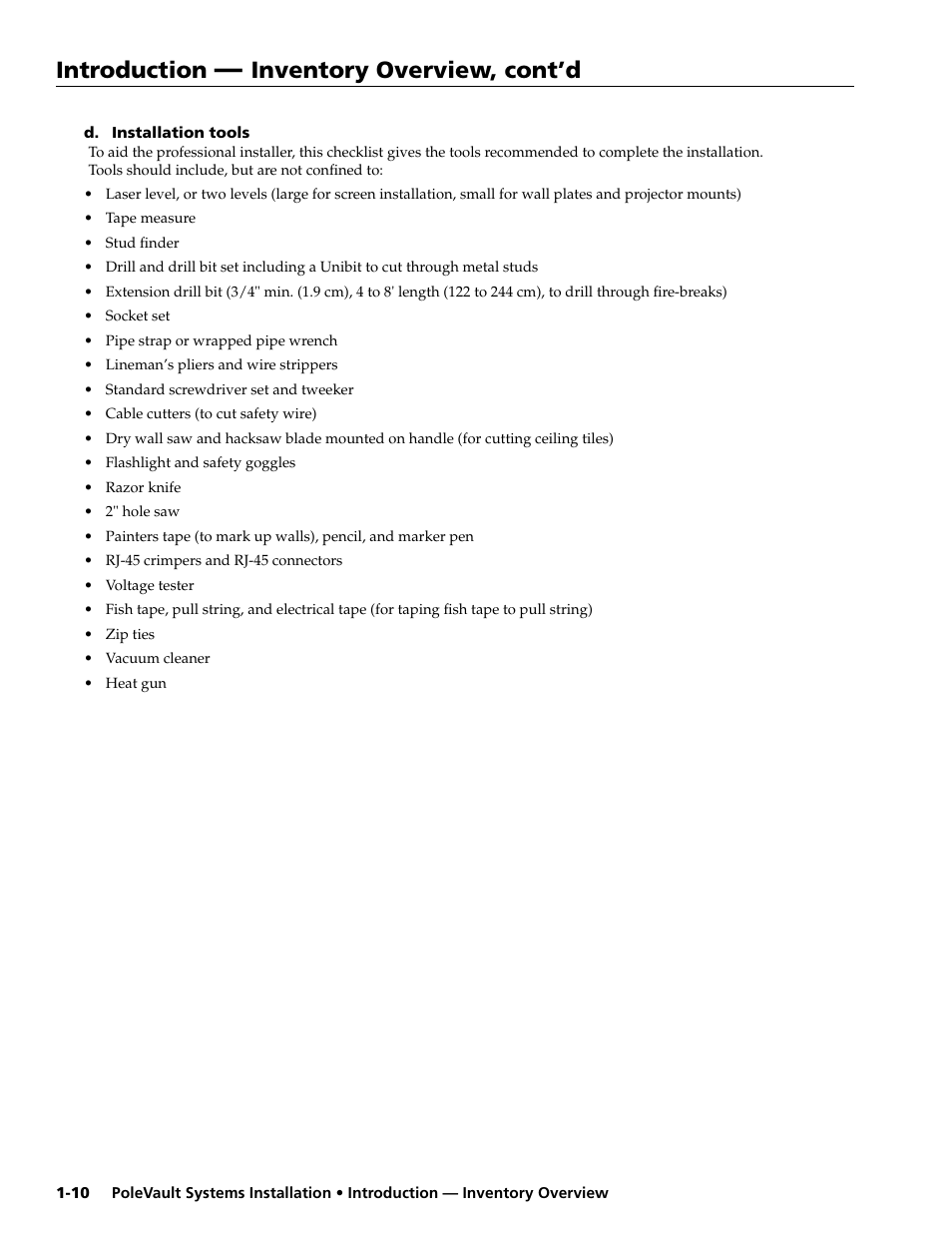 D. installation tools, Introduction, Inventory overview, cont’d | Extron Electronics PoleVault Systems PVS 200, 300, and 400 User Manual | Page 12 / 50