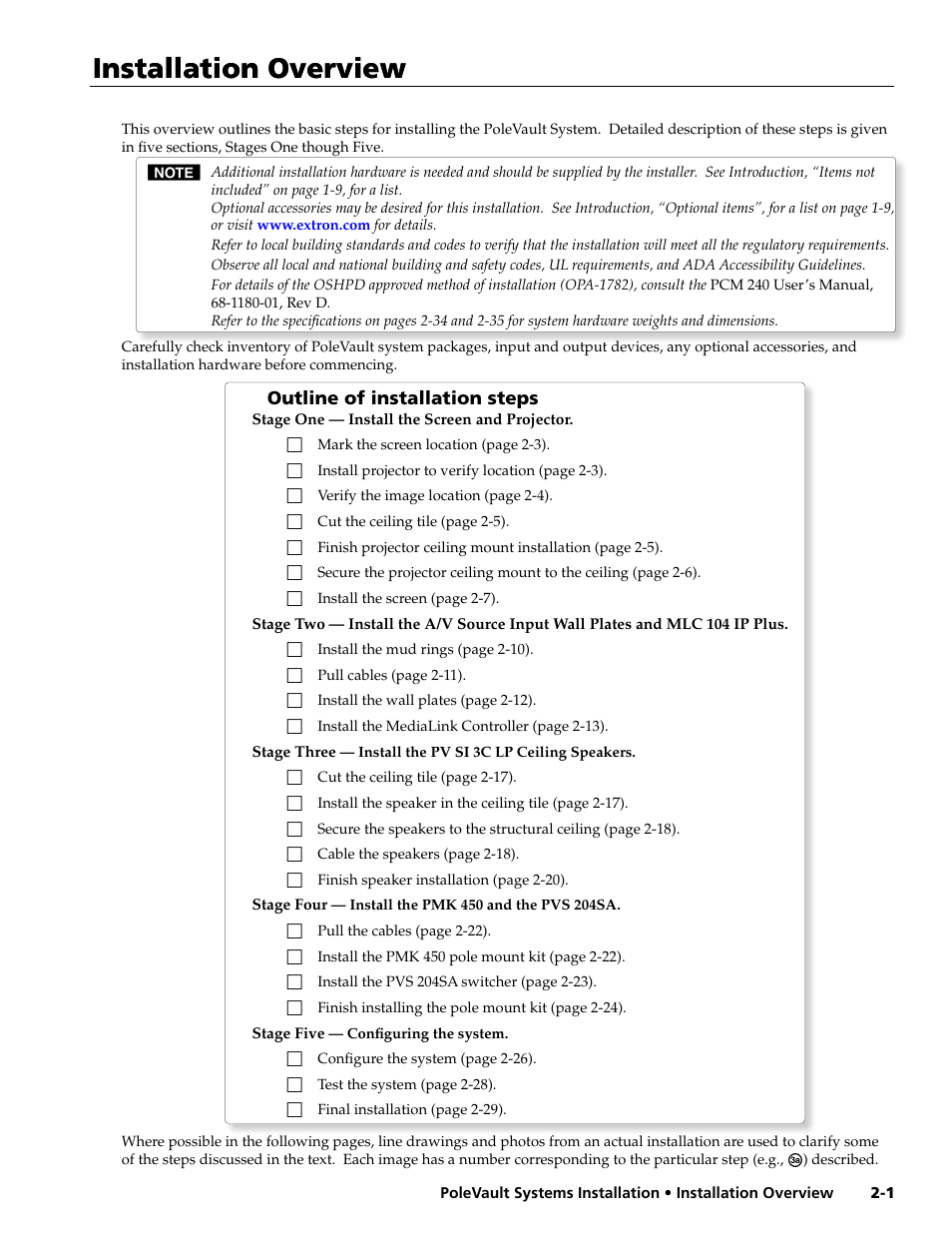 Installation, Installation overview, Outline of installation steps | Extron Electronics PoleVault Systems PVS 200, 300, and 400 User Manual | Page 13 / 50