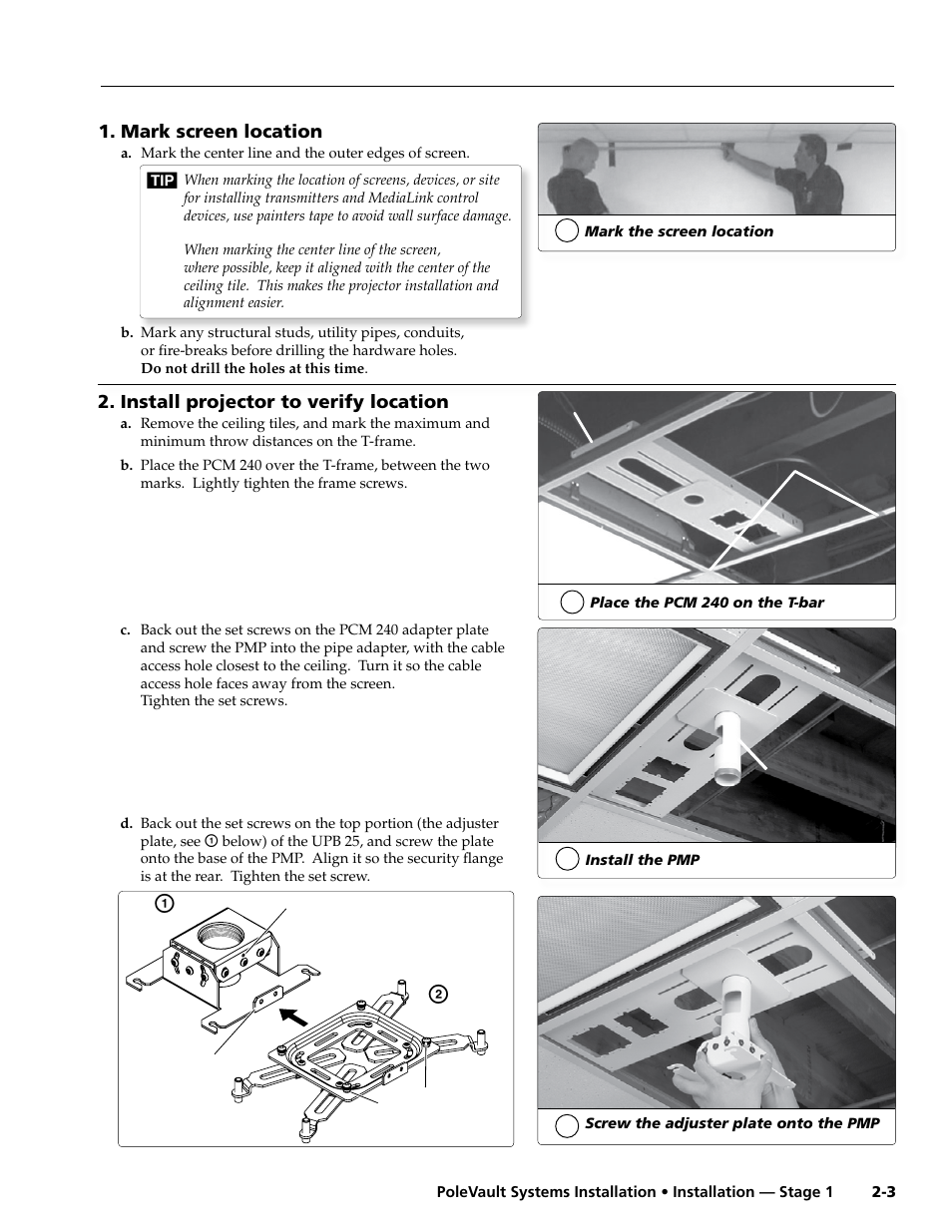 Mark screen location, Install projector to verify location | Extron Electronics PoleVault Systems PVS 200, 300, and 400 User Manual | Page 15 / 50