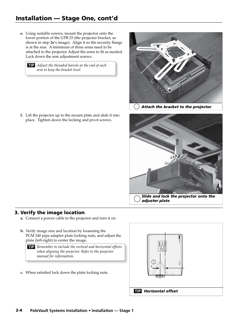 Verify the image location, Installation — stage one, cont’d | Extron Electronics PoleVault Systems PVS 200, 300, and 400 User Manual | Page 16 / 50