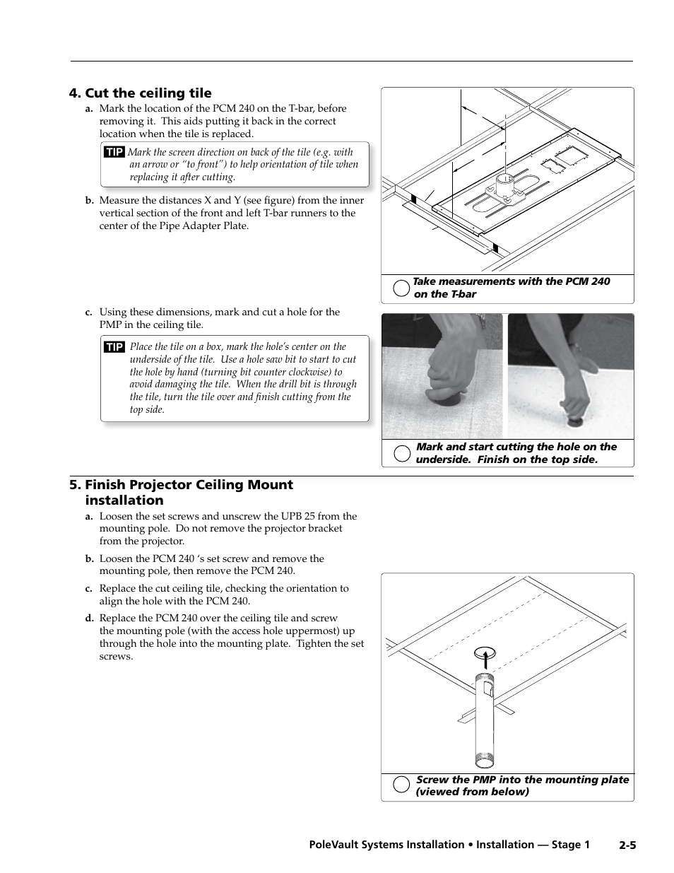 Cut the ceiling tile, Finish projector ceiling mount installation | Extron Electronics PoleVault Systems PVS 200, 300, and 400 User Manual | Page 17 / 50