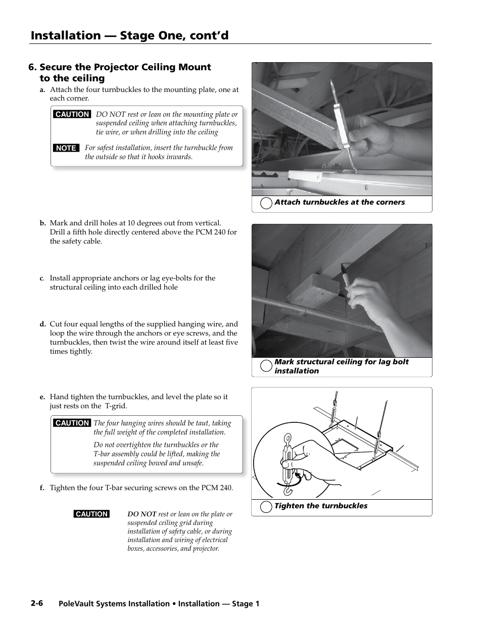 Secure the projector ceiling mount to the ceiling, Installation — stage one, cont’d | Extron Electronics PoleVault Systems PVS 200, 300, and 400 User Manual | Page 18 / 50