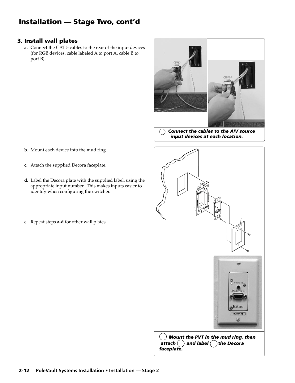 Install wall plates, Installation — stage two, cont’d | Extron Electronics PoleVault Systems PVS 200, 300, and 400 User Manual | Page 24 / 50