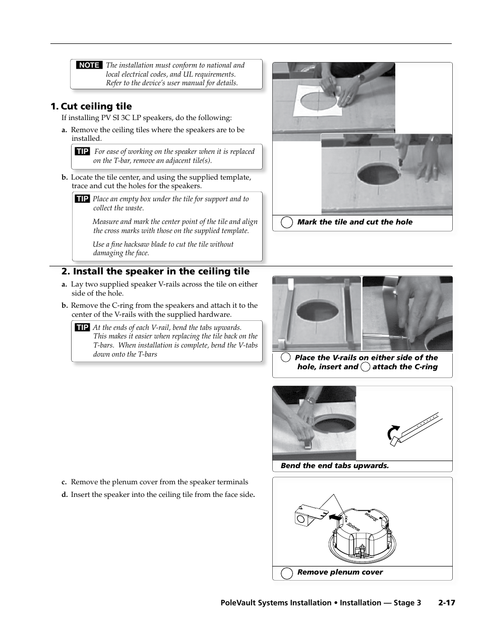 Cut ceiling tile, Install the speaker in the ceiling tile | Extron Electronics PoleVault Systems PVS 200, 300, and 400 User Manual | Page 29 / 50