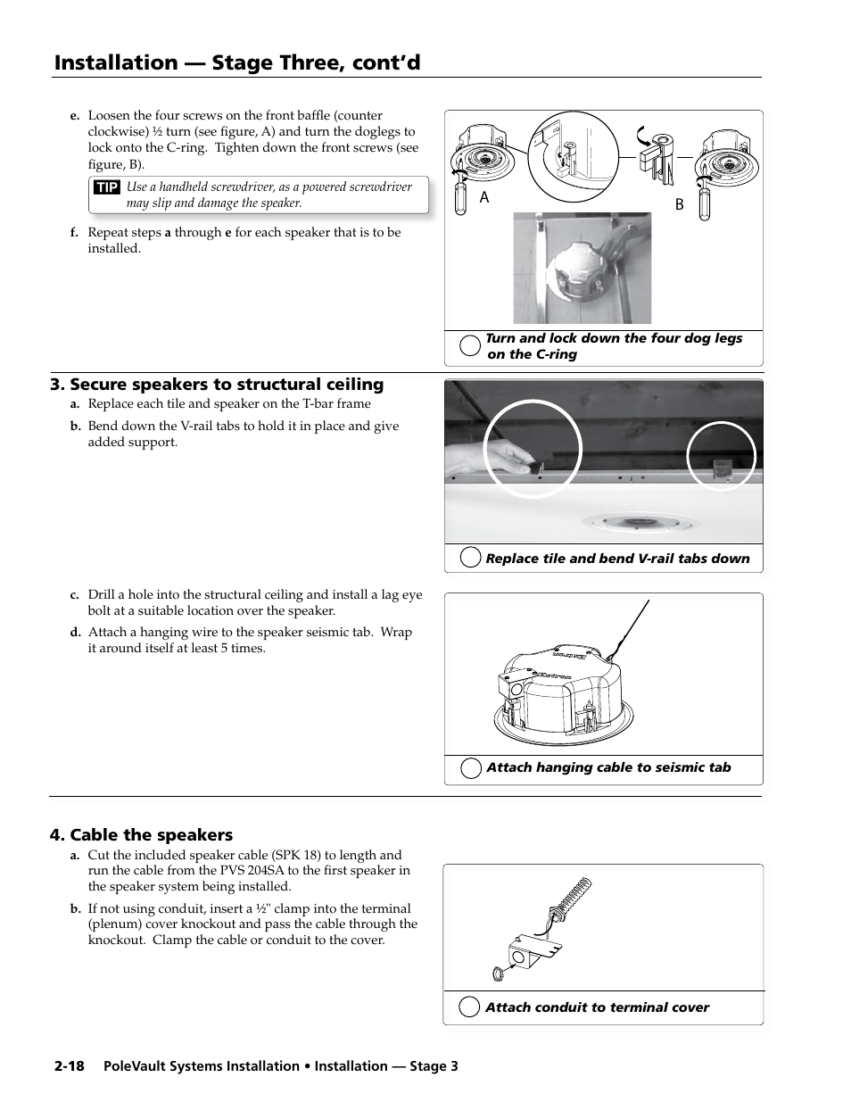 Secure speakers to structural ceiling, Cable the speakers, Installation — stage three, cont’d | Extron Electronics PoleVault Systems PVS 200, 300, and 400 User Manual | Page 30 / 50