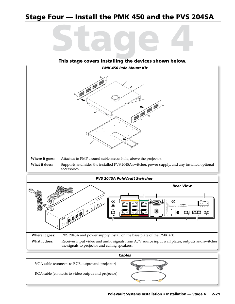 Stage four - install the pmk 450 and the pvs 204sa, Stage four, Install the pmk 450 and the pvs 204sa | Stage 4, Mvga m-m, 3' v rca, 3, Pvs 204sa polevault switcher, Rear view | Extron Electronics PoleVault Systems PVS 200, 300, and 400 User Manual | Page 33 / 50