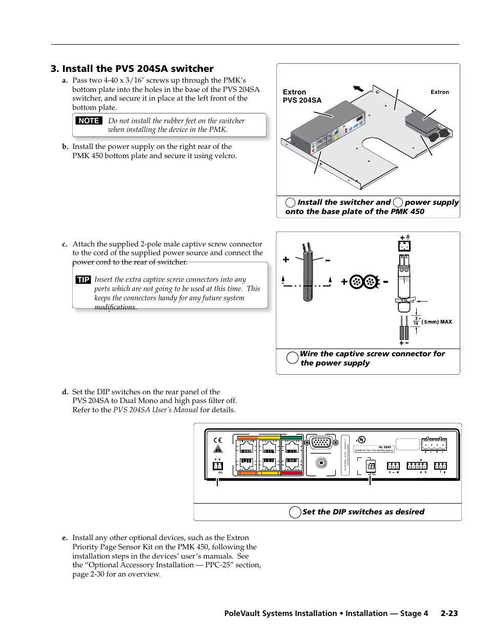 Install the pvs 204sa switcher | Extron Electronics PoleVault Systems PVS 200, 300, and 400 User Manual | Page 35 / 50