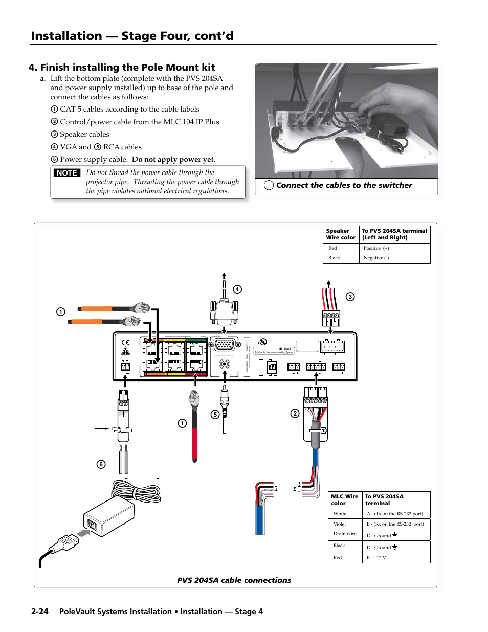 Finish installing the projector mounting kit, Installation — stage four, cont’d, Finish installing the pole mount kit | Cat 5 cables according to the cable labels, Control/power cable from the mlc 104 ip plus, Speaker cables, Vga and, Rca cables | Extron Electronics PoleVault Systems PVS 200, 300, and 400 User Manual | Page 36 / 50