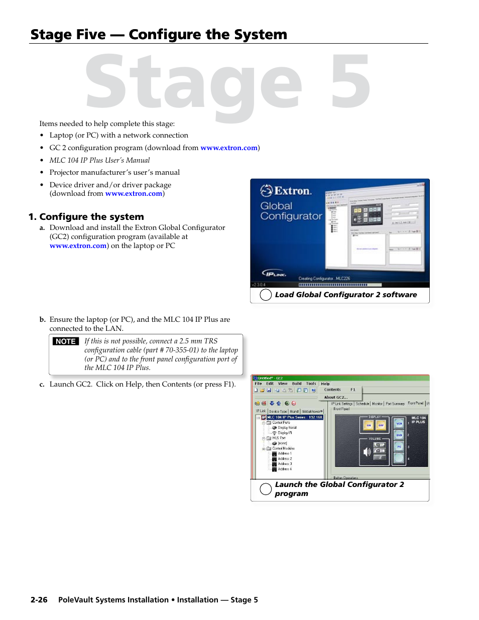 Stage five - configure the system, Configure the system, Stage five | Configuring the system, Stage 5, Stage five — configure the system | Extron Electronics PoleVault Systems PVS 200, 300, and 400 User Manual | Page 38 / 50