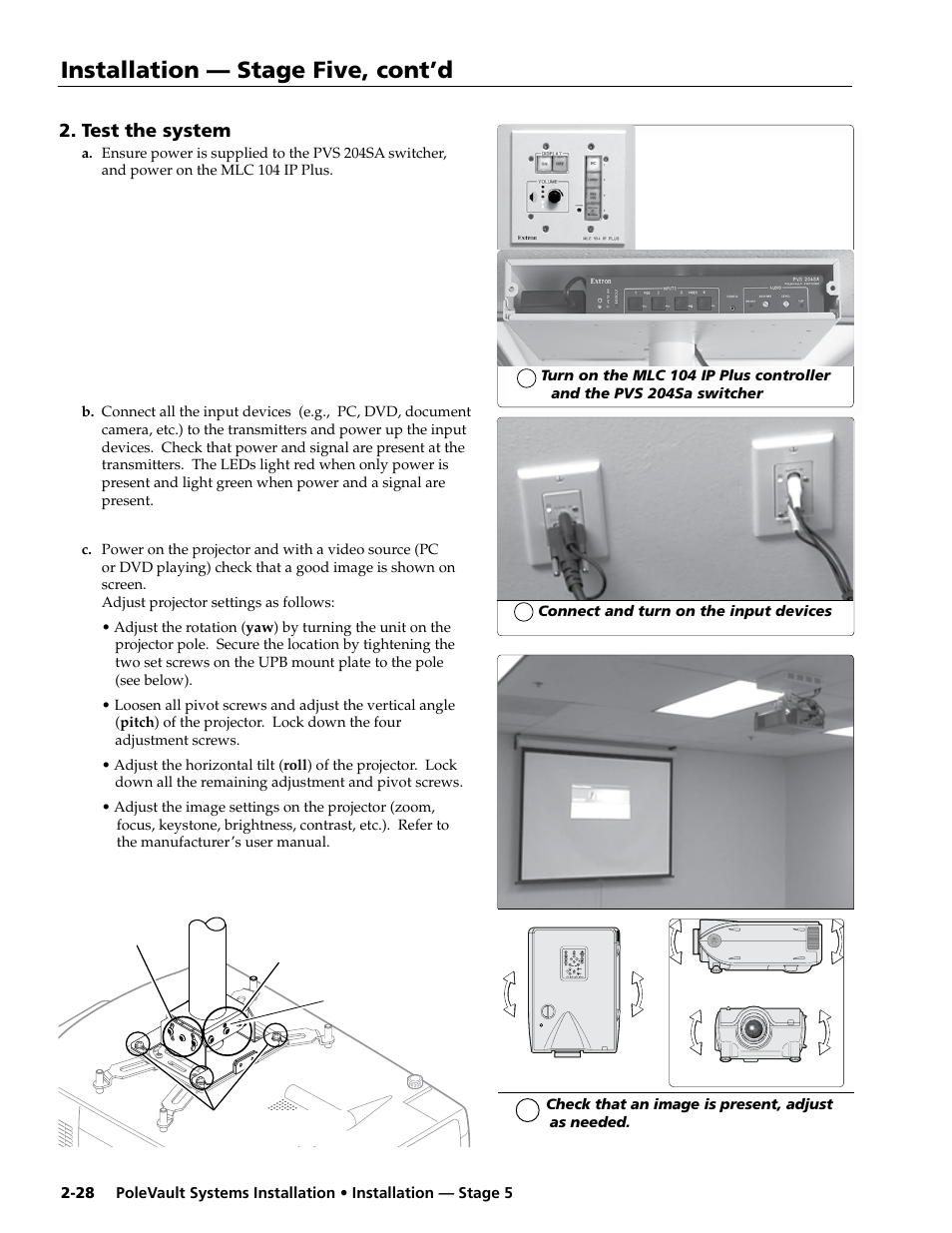 Test the system, Installation — stage five, cont’d | Extron Electronics PoleVault Systems PVS 200, 300, and 400 User Manual | Page 40 / 50