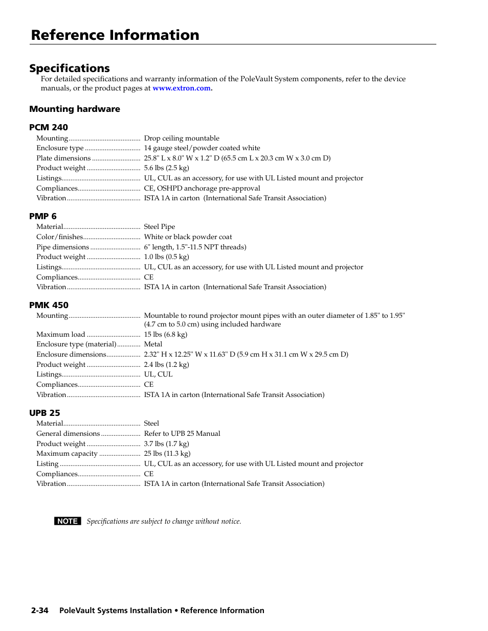 Installation - reference information, Specifications, Mounting hardware | Pcm 240, Pmp 6, Pmk 450, Upb 25, Reference information | Extron Electronics PoleVault Systems PVS 200, 300, and 400 User Manual | Page 46 / 50