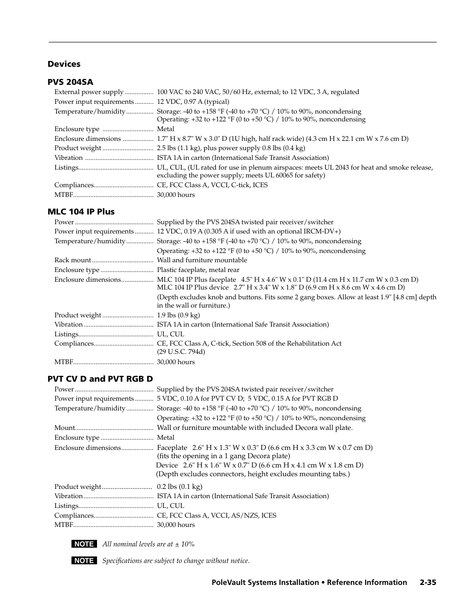 Devices, Pvs 204sa, Mlc 104 ip plus | Pvt cv d and pvt rgb d | Extron Electronics PoleVault Systems PVS 200, 300, and 400 User Manual | Page 47 / 50