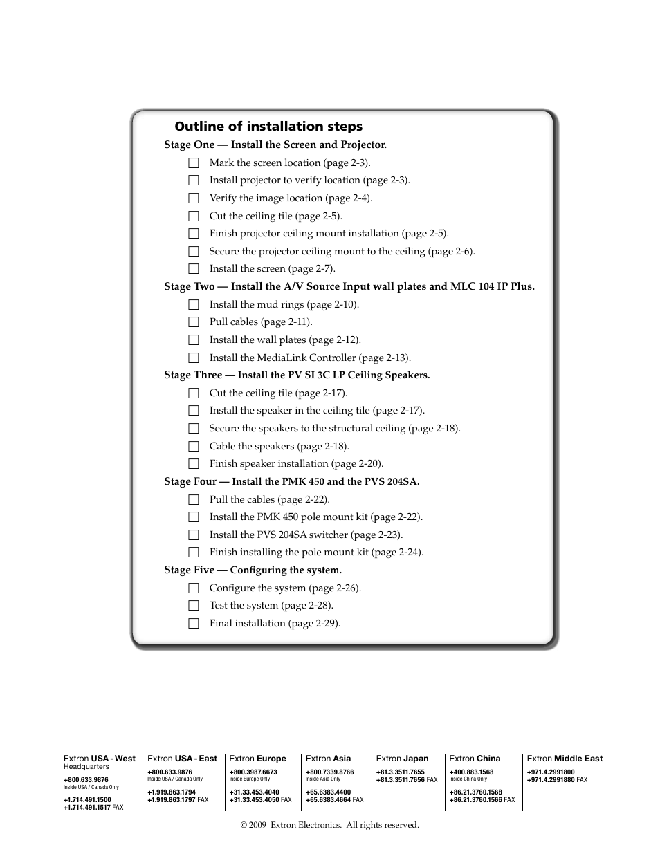 Outline of installation steps | Extron Electronics PoleVault Systems PVS 200, 300, and 400 User Manual | Page 50 / 50
