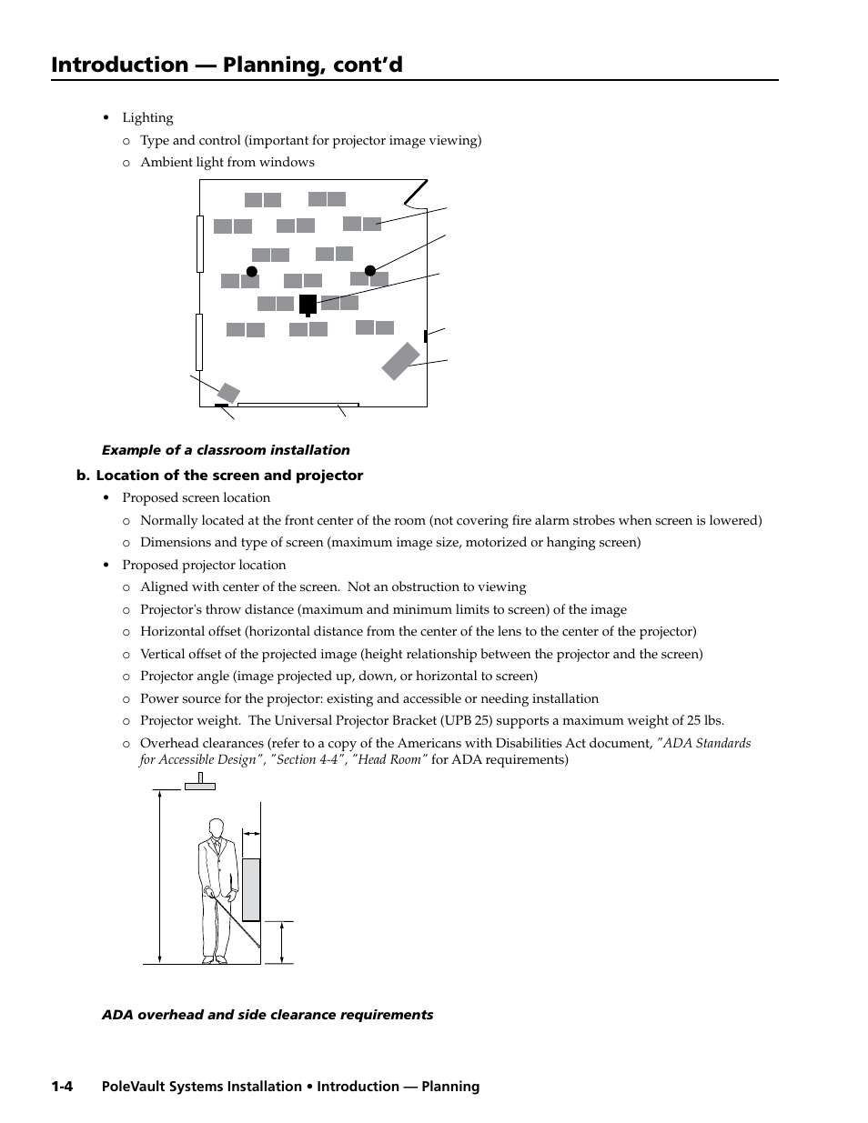 B. location of the screen and projector, Introduction — planning, cont’d | Extron Electronics PoleVault Systems PVS 200, 300, and 400 User Manual | Page 6 / 50