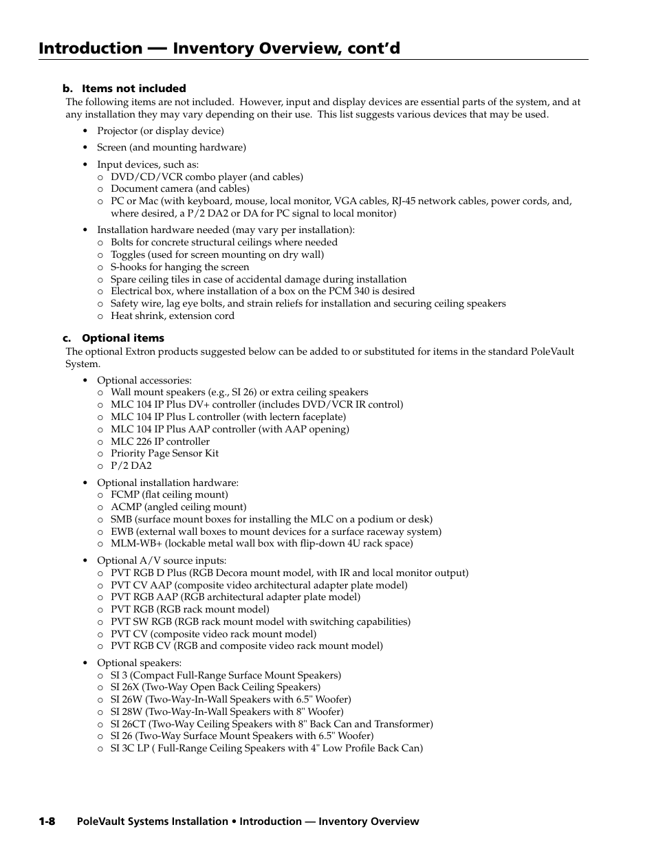 B. items not included, C. optional items, Introduction | Inventory overview, cont’d | Extron Electronics PoleVault Systems PVS 305SA User Manual | Page 10 / 46