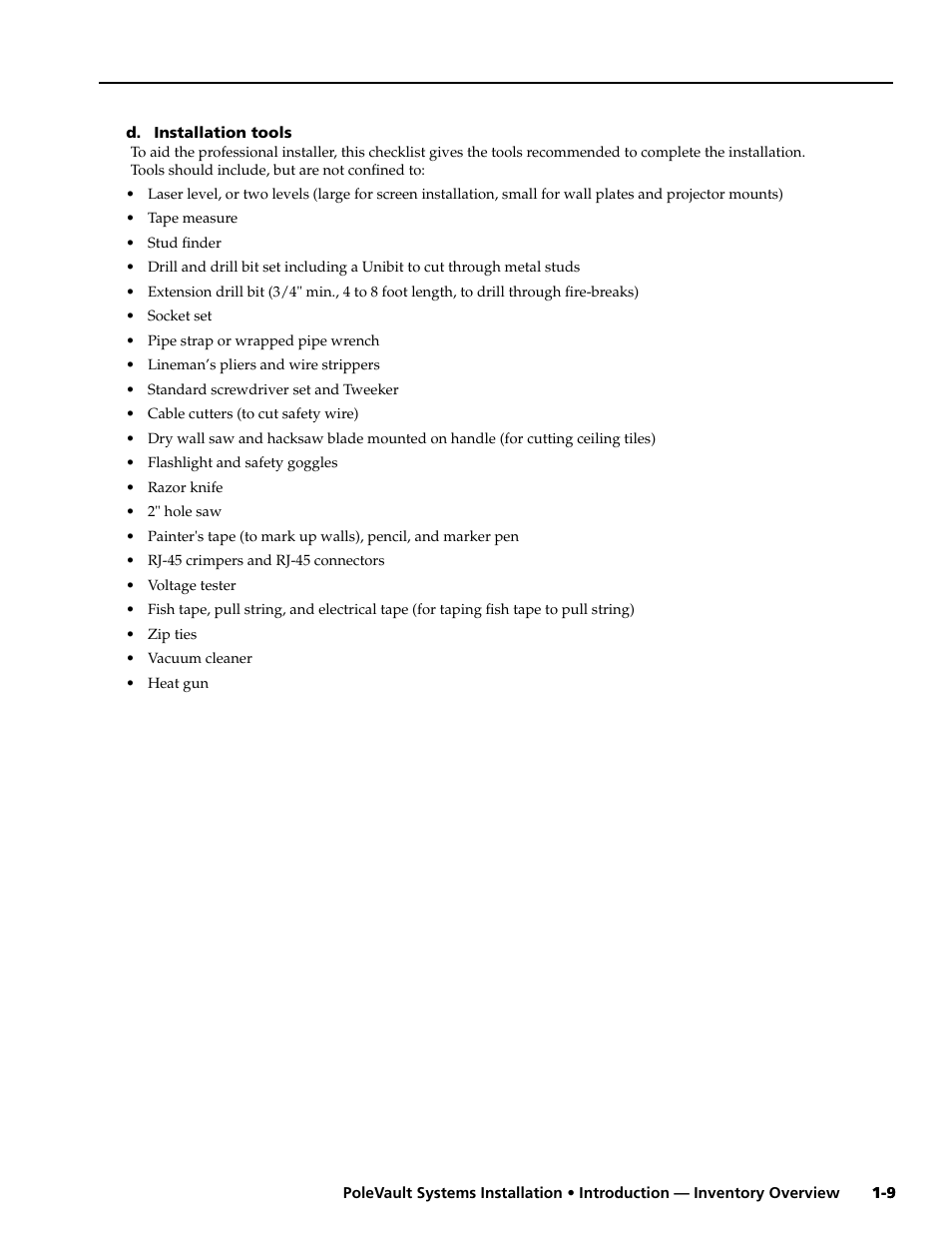 D. installation tools | Extron Electronics PoleVault Systems PVS 305SA User Manual | Page 11 / 46