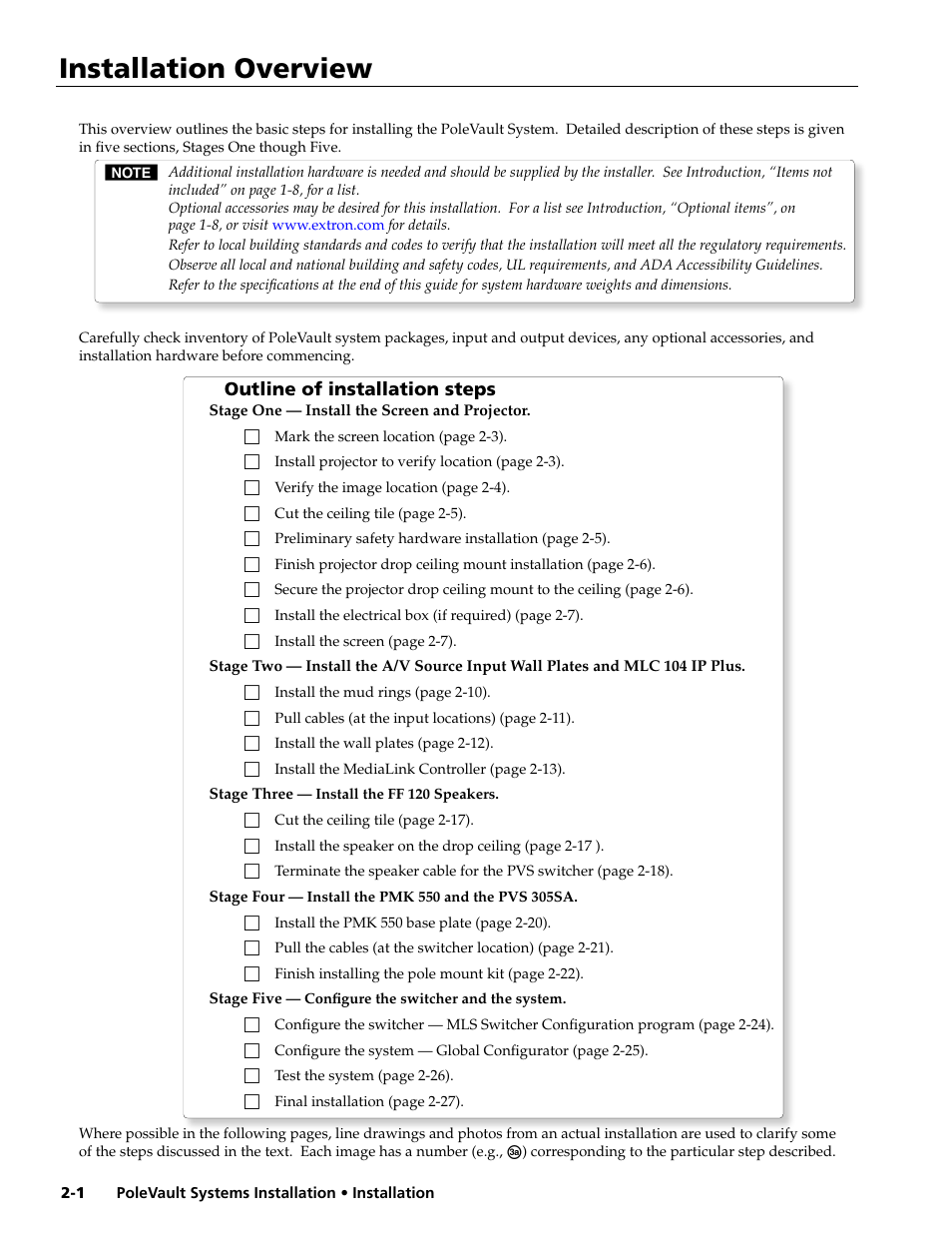 Outline of installation steps, Installation overview | Extron Electronics PoleVault Systems PVS 305SA User Manual | Page 12 / 46