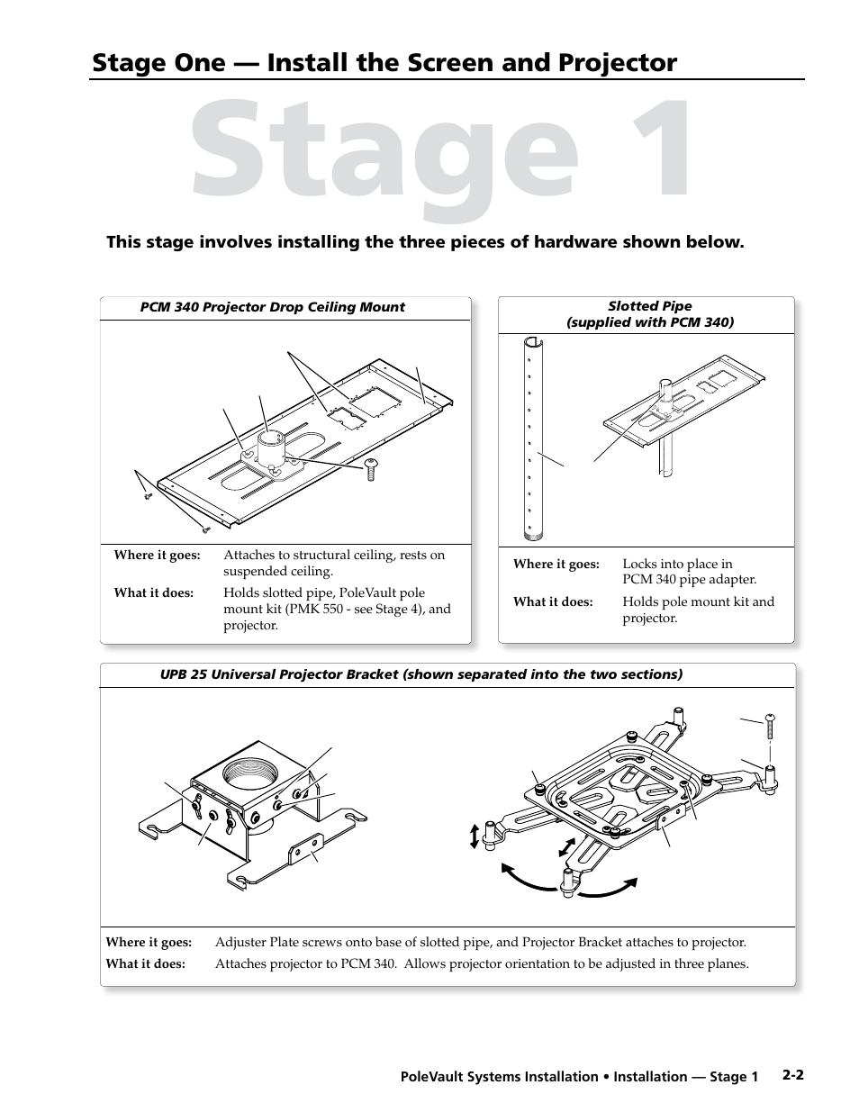 Stage one - install the screen and projector, Stage one — install the screen and projector, Stage 1 | Extron Electronics PoleVault Systems PVS 305SA User Manual | Page 13 / 46