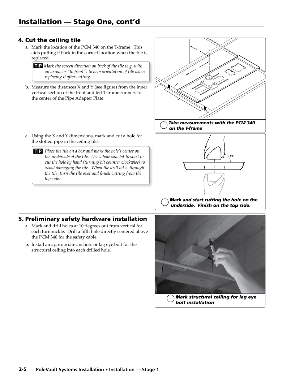 Cut the ceiling tile, Preliminary safety hardware installation, Installation — stage one, cont’d | Extron Electronics PoleVault Systems PVS 305SA User Manual | Page 16 / 46