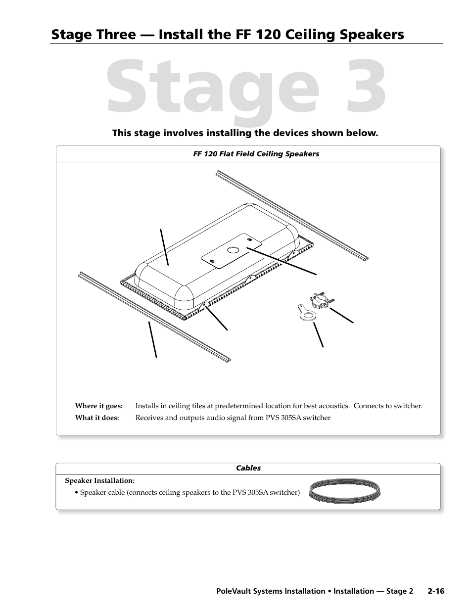 Stage three - install the ff 120 ceiling speakers, Stage three, Install the ff 120 speakers | Stage 3, Stage three — install the ff 120 ceiling speakers | Extron Electronics PoleVault Systems PVS 305SA User Manual | Page 27 / 46