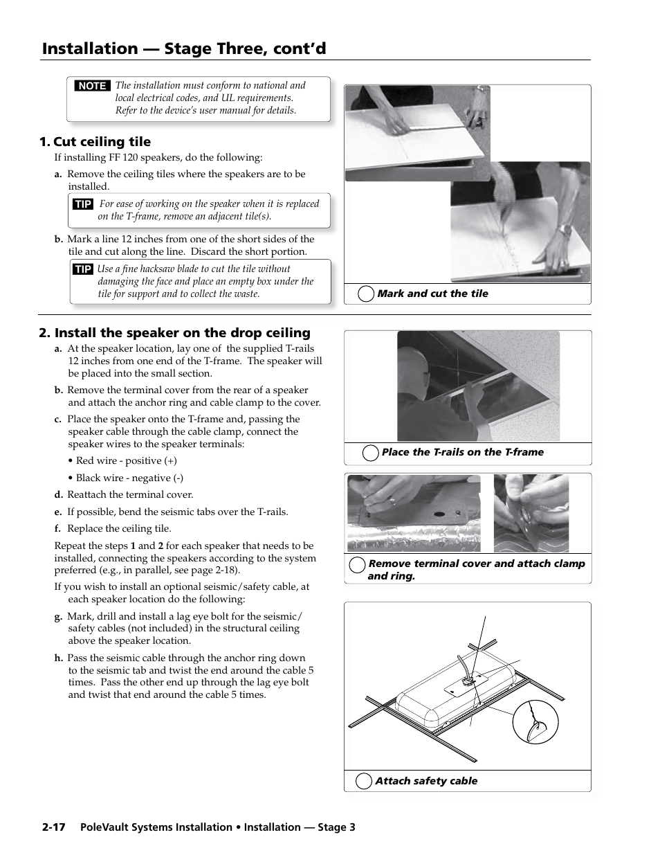 Cut ceiling tile, Install the speaker on the drop ceiling, Installation — stage three, cont’d | Extron Electronics PoleVault Systems PVS 305SA User Manual | Page 28 / 46