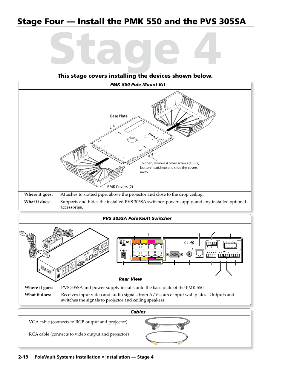 Stage four - install the pmk 550 and the pvs 305sa, Stage four, Install the pmk 550 and the pvs 305sa | Stage 4, Mvga m-m, 3 ft. v rca, 3 ft, Pvs 305sa polevault switcher, Class 2 wiring, 17t t au dio /vid eo ap par atu s, Pmk covers (2) base plate | Extron Electronics PoleVault Systems PVS 305SA User Manual | Page 30 / 46