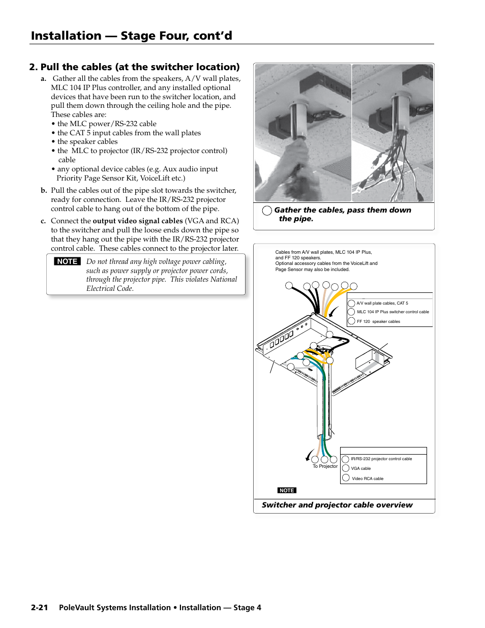 Pull the cables (at the switcher location), Installation — stage four, cont’d | Extron Electronics PoleVault Systems PVS 305SA User Manual | Page 32 / 46