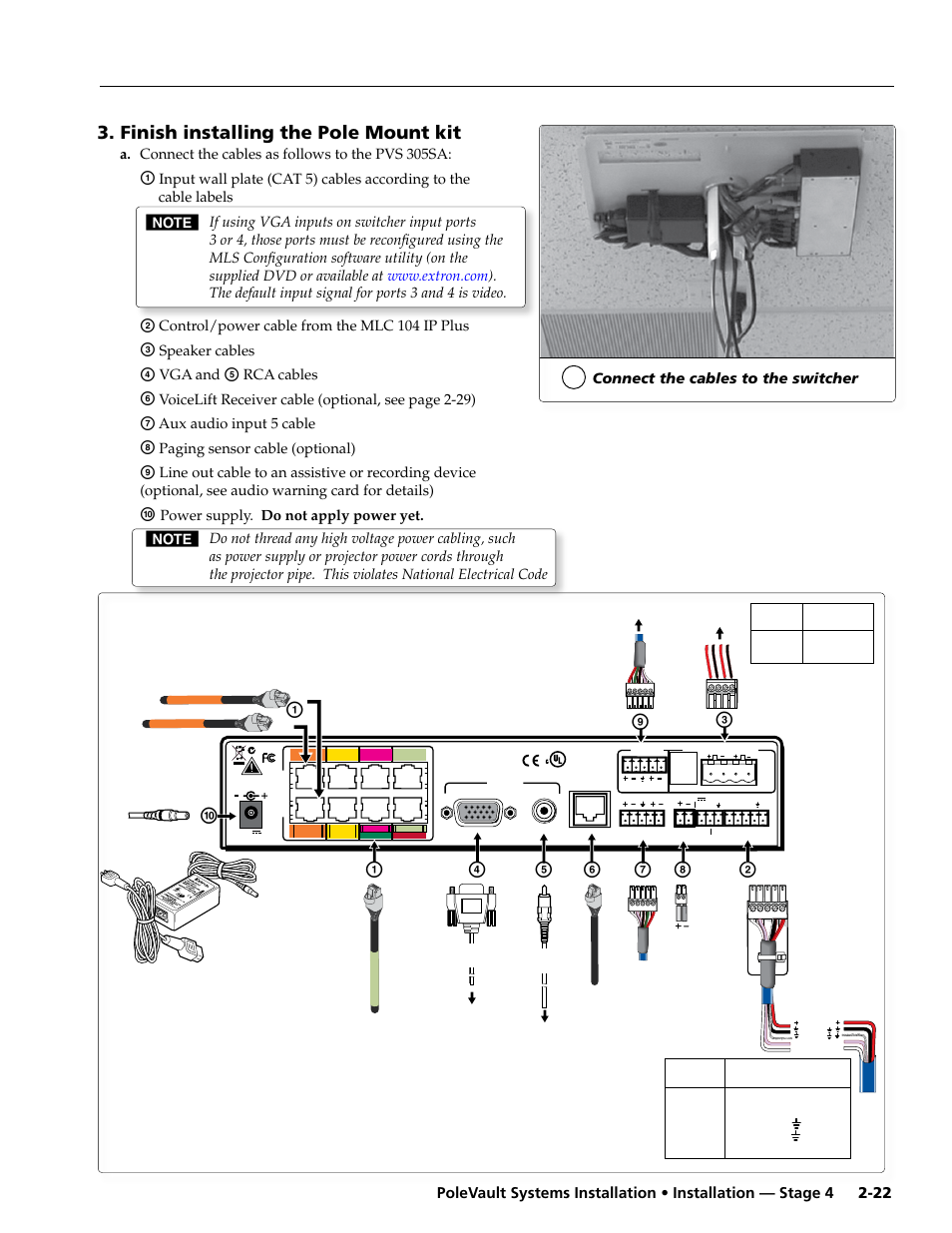 Finish installing the pole mount kit, Aj c a, Ef g h | A. connect the cables as follows to the pvs 305sa, Control/power cable from the mlc 104 ip plus, Speaker cables, Vga and, Rca cables, Voicelift receiver cable (optional, see page 2-29), Aux audio input 5 cable | Extron Electronics PoleVault Systems PVS 305SA User Manual | Page 33 / 46