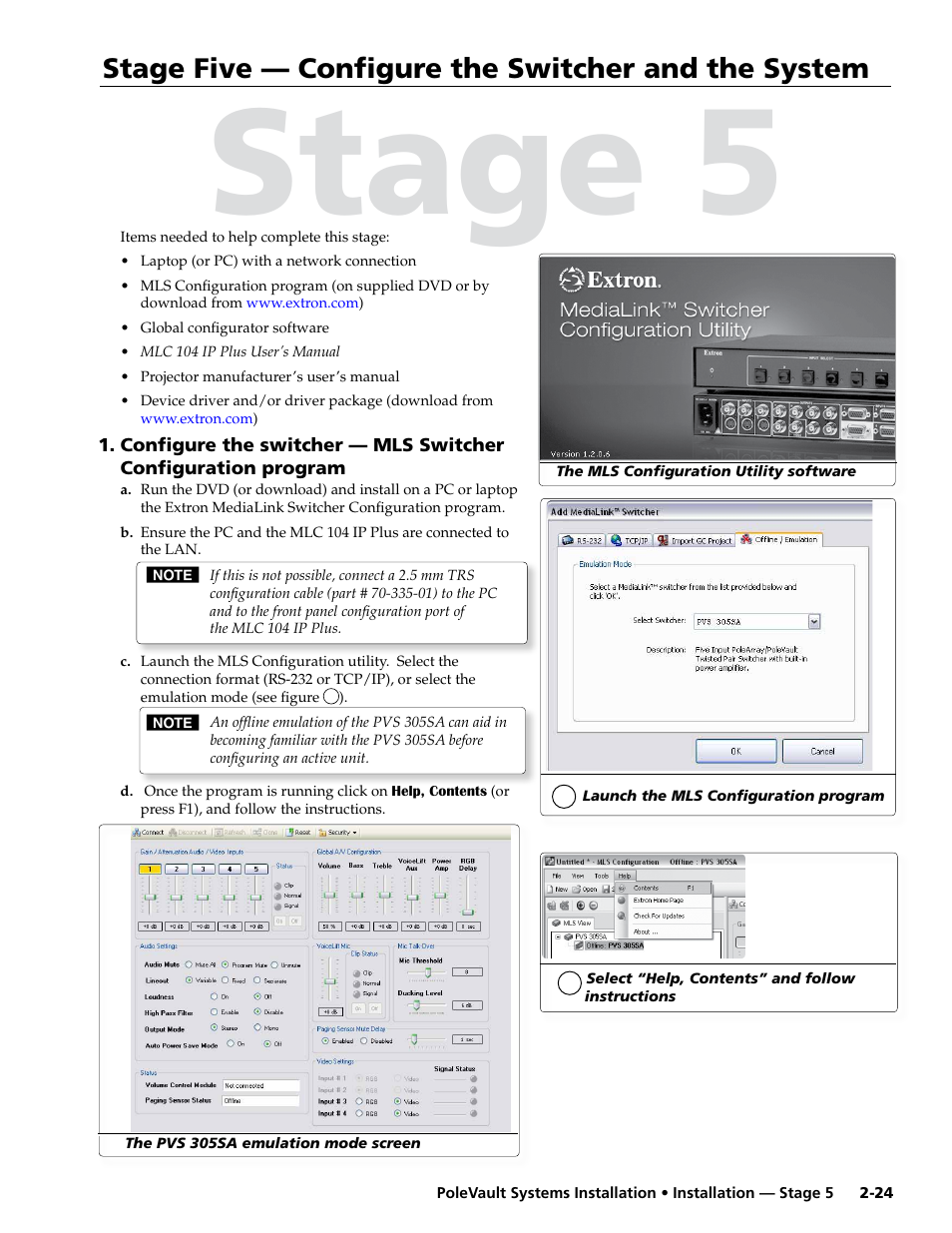 Stage five - configure the switcher and the system, Stage five, Configure the switcher and the system | Stage 5, Stage five — configure the switcher and the system | Extron Electronics PoleVault Systems PVS 305SA User Manual | Page 35 / 46