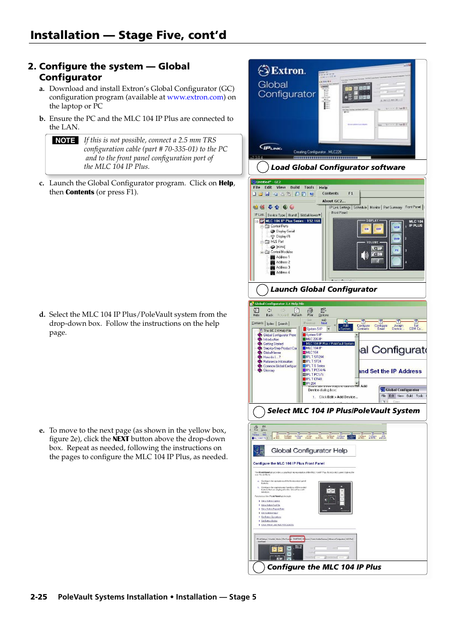 Configure the system — global configurator, Installation — stage five, cont’d | Extron Electronics PoleVault Systems PVS 305SA User Manual | Page 36 / 46