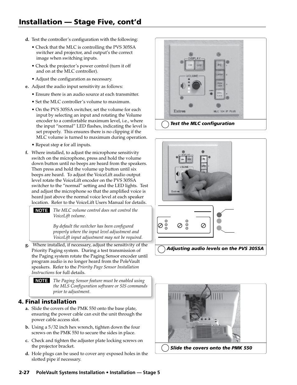 Final installation, Installation — stage five, cont’d | Extron Electronics PoleVault Systems PVS 305SA User Manual | Page 38 / 46