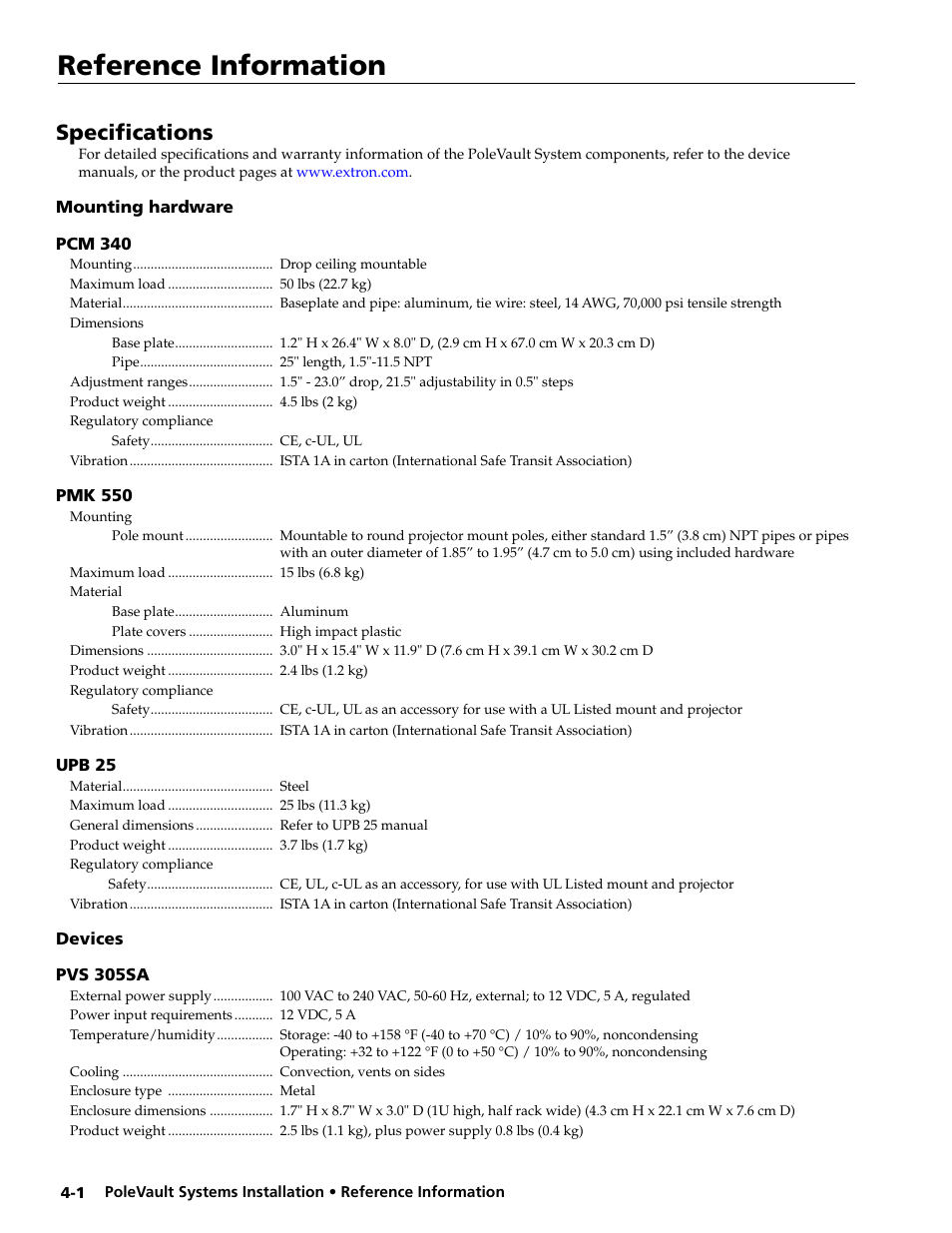 Specifications, Mounting hardware, Pcm 340 | Pmk 550, Upb 25, Pvs 305sa, Reference information | Extron Electronics PoleVault Systems PVS 305SA User Manual | Page 42 / 46