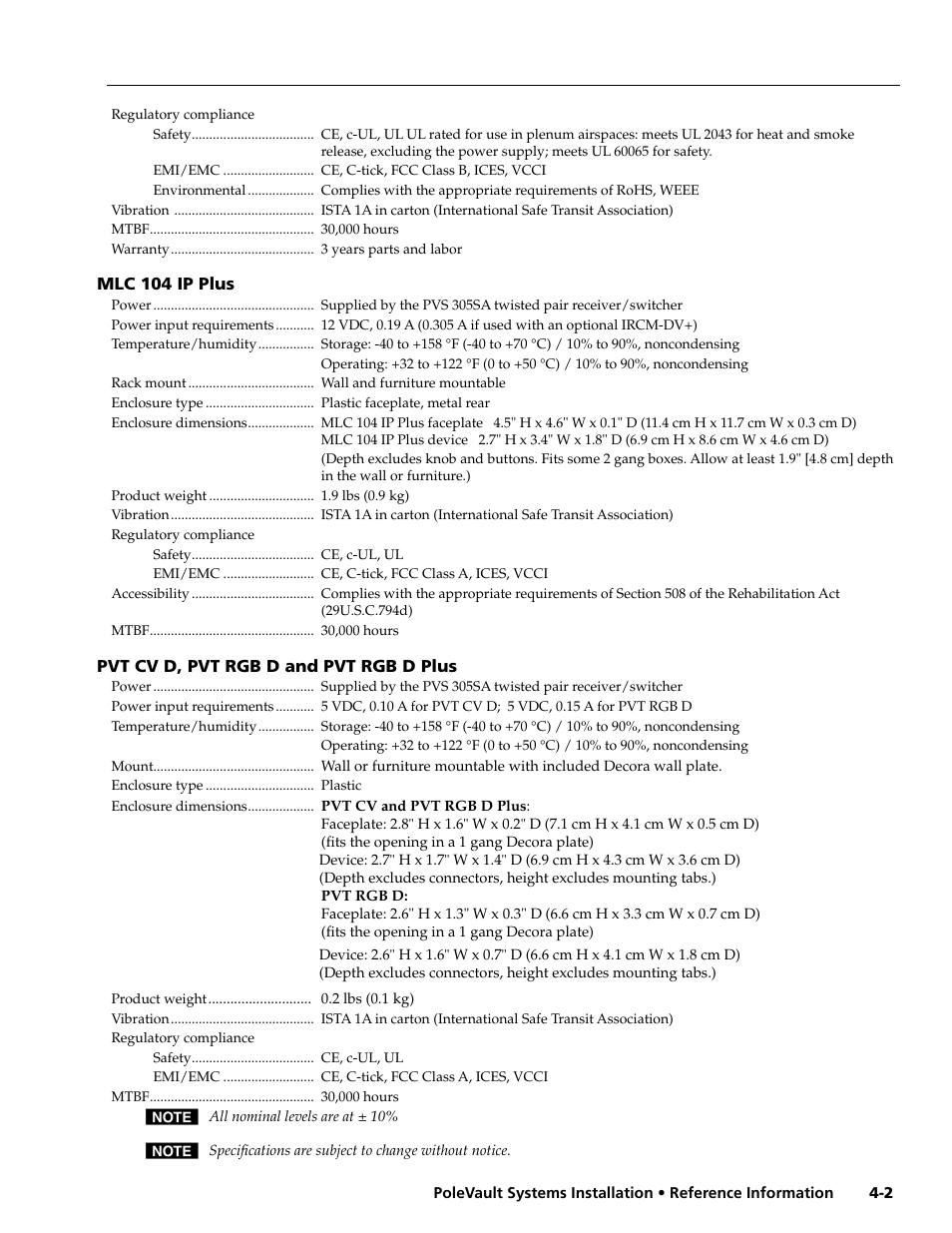 Mlc 104 ip plus, Pvt cv d, pvt rgb d, and pvt rgb d plus | Extron Electronics PoleVault Systems PVS 305SA User Manual | Page 43 / 46