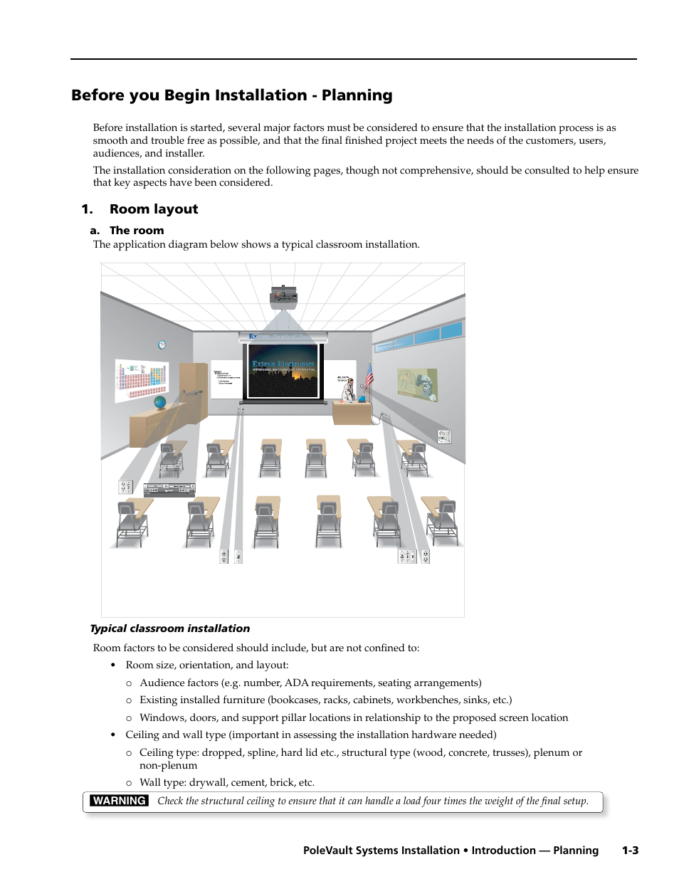 Before you begin installation - planning, Room layout, A. the room | Extron Electronics PoleVault Systems PVS 305SA User Manual | Page 5 / 46