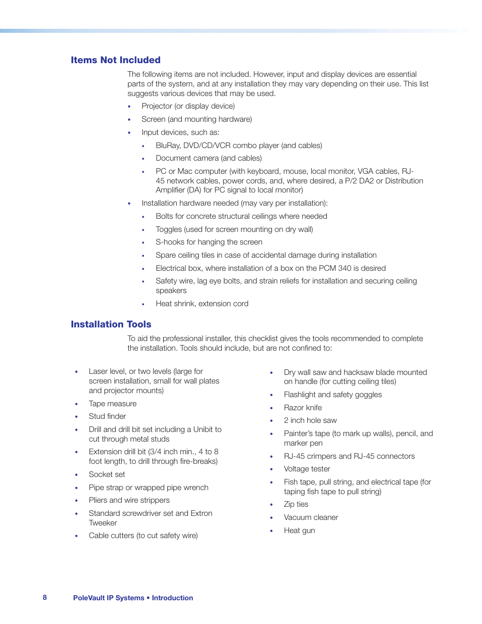 Items not included, Installation tools | Extron Electronics PoleVault IP Systems PVS 305SA IP User Manual | Page 12 / 52
