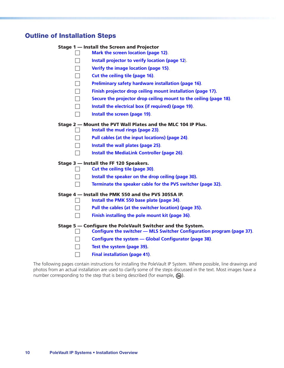 Outline of installation steps | Extron Electronics PoleVault IP Systems PVS 305SA IP User Manual | Page 14 / 52
