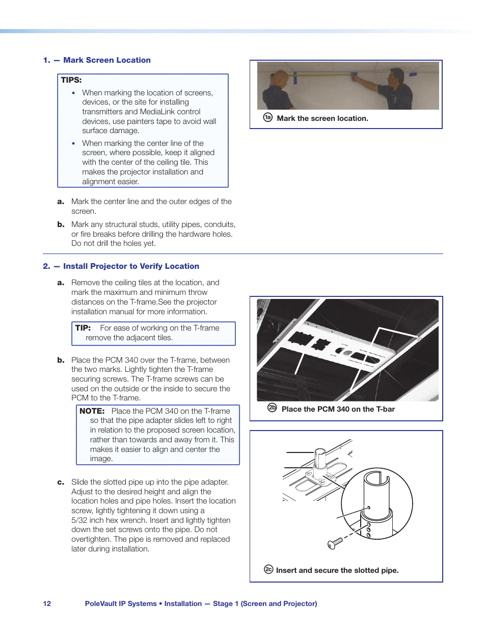 — mark screen location, — install projector to verify location | Extron Electronics PoleVault IP Systems PVS 305SA IP User Manual | Page 16 / 52