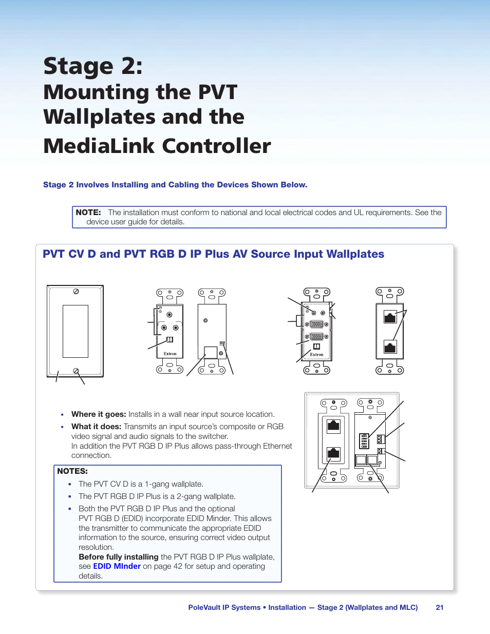 Stage 2, Pvt cv d, Pvt rgb d ip plus | The pvt cv d is a 1-gang wallplate, The pvt rgb d ip plus is a 2-gang wallplate | Extron Electronics PoleVault IP Systems PVS 305SA IP User Manual | Page 25 / 52