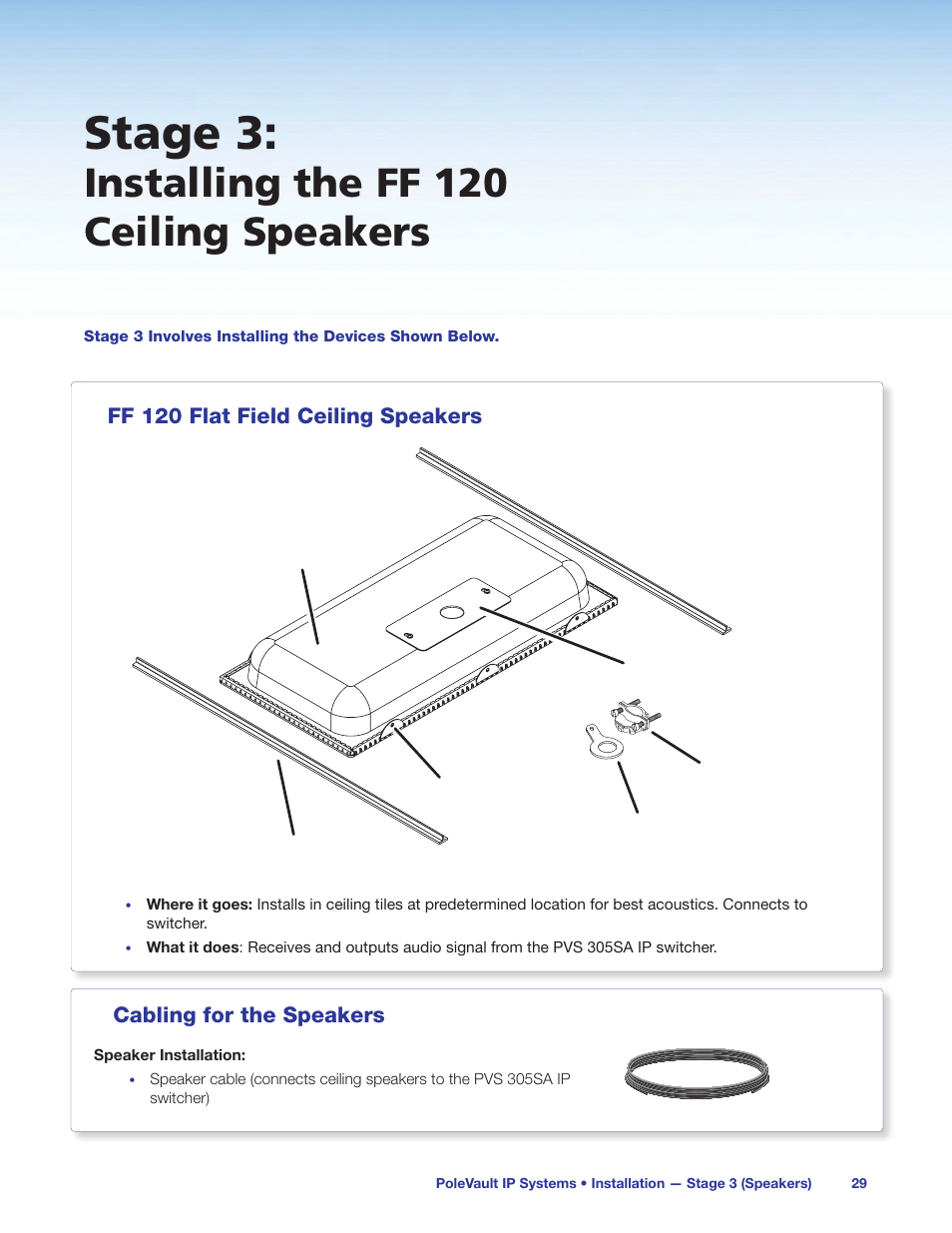 Stage 3: installing the ff 120 ceiling speakers, Stage 3, Installing the ff 120 ceiling speakers | Extron Electronics PoleVault IP Systems PVS 305SA IP User Manual | Page 33 / 52