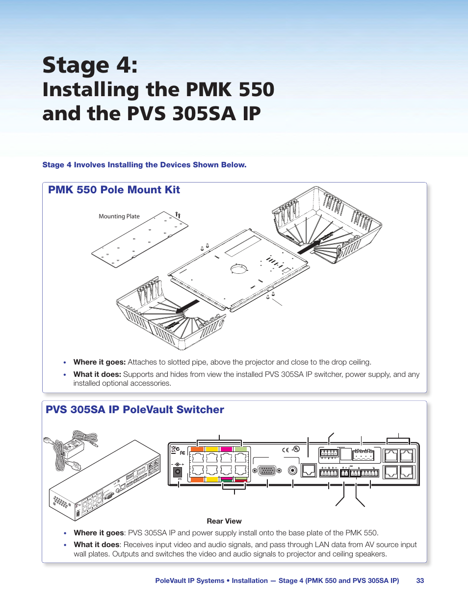 Stage 4, Pvs 305sa ip polevault switcher, Pmk 550 pole mount kit | Rear view | Extron Electronics PoleVault IP Systems PVS 305SA IP User Manual | Page 37 / 52