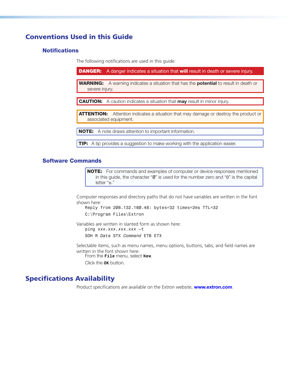 Conventions & specifications link, Conventions used in this guide, Specifications availability | Extron Electronics PoleVault IP Systems PVS 305SA IP User Manual | Page 4 / 52