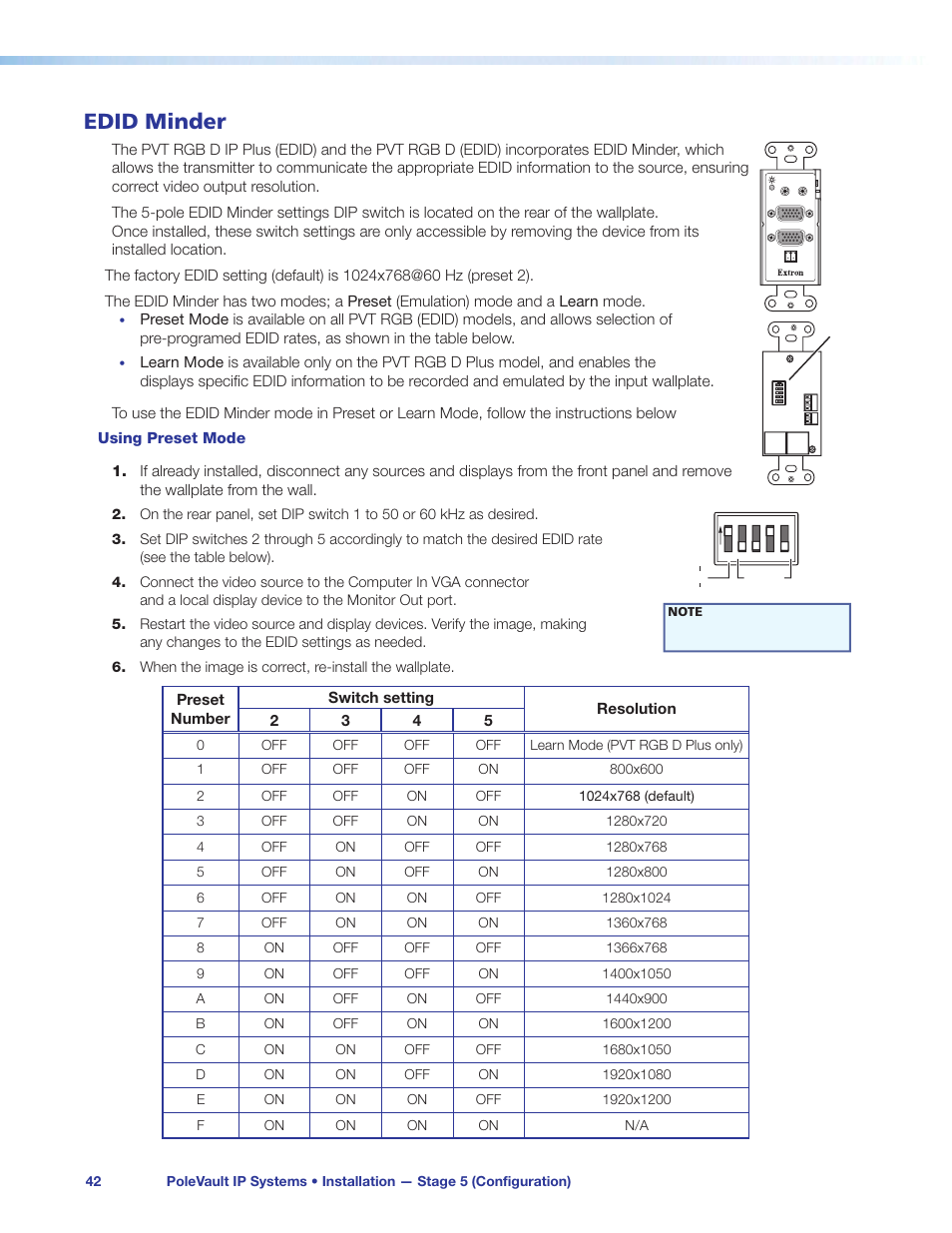 Edid minder, Using preset mode | Extron Electronics PoleVault IP Systems PVS 305SA IP User Manual | Page 46 / 52