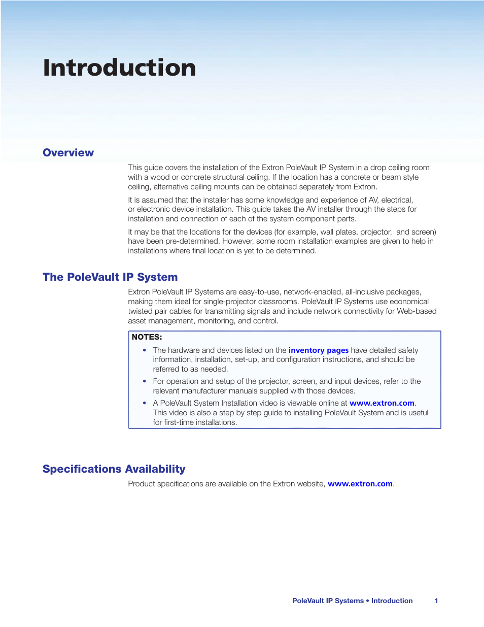 Introduction, Overview, The polevault ip system | Specifications availability | Extron Electronics PoleVault IP Systems PVS 305SA IP User Manual | Page 5 / 52