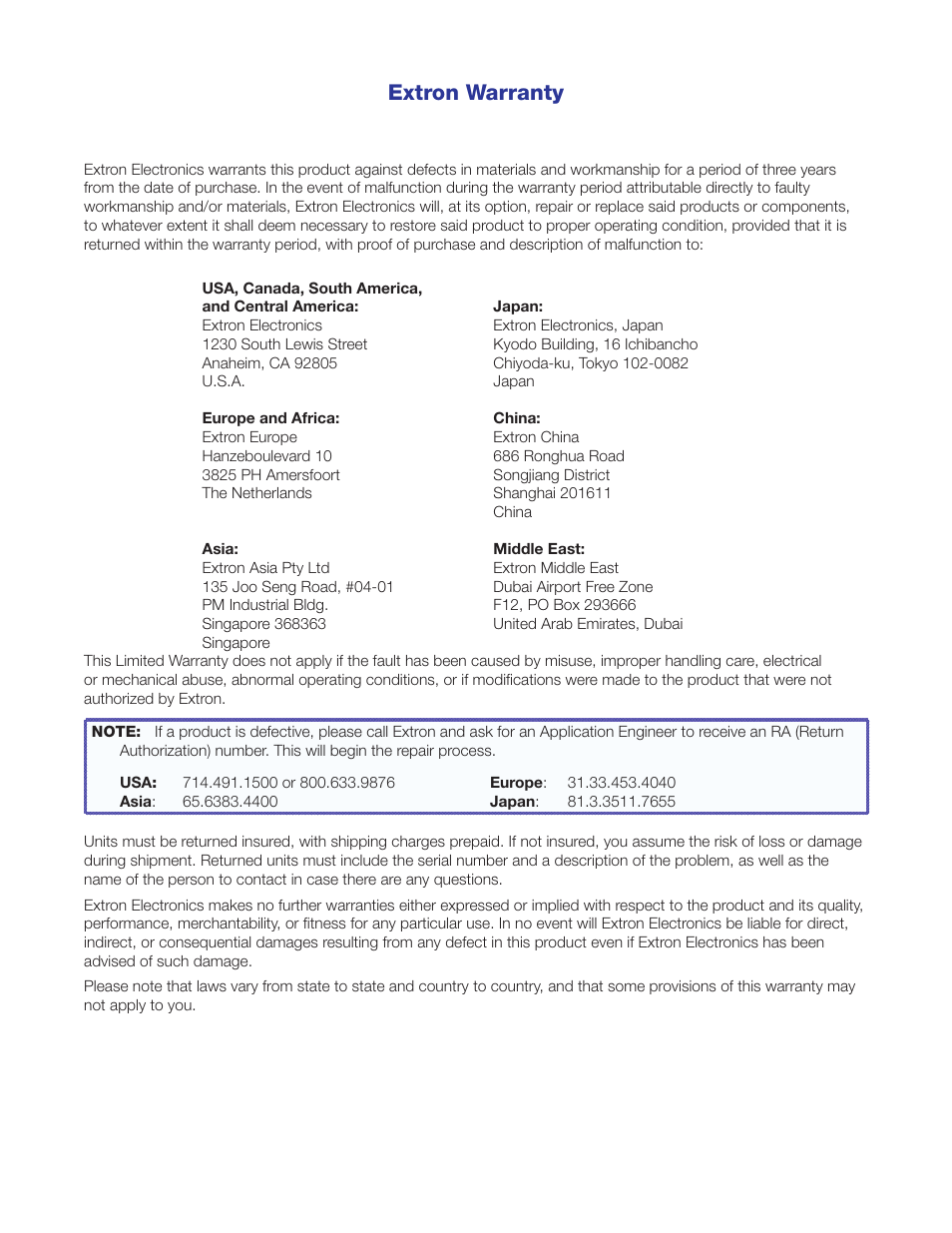Extron warranty | Extron Electronics PoleVault IP Systems PVS 305SA IP User Manual | Page 51 / 52