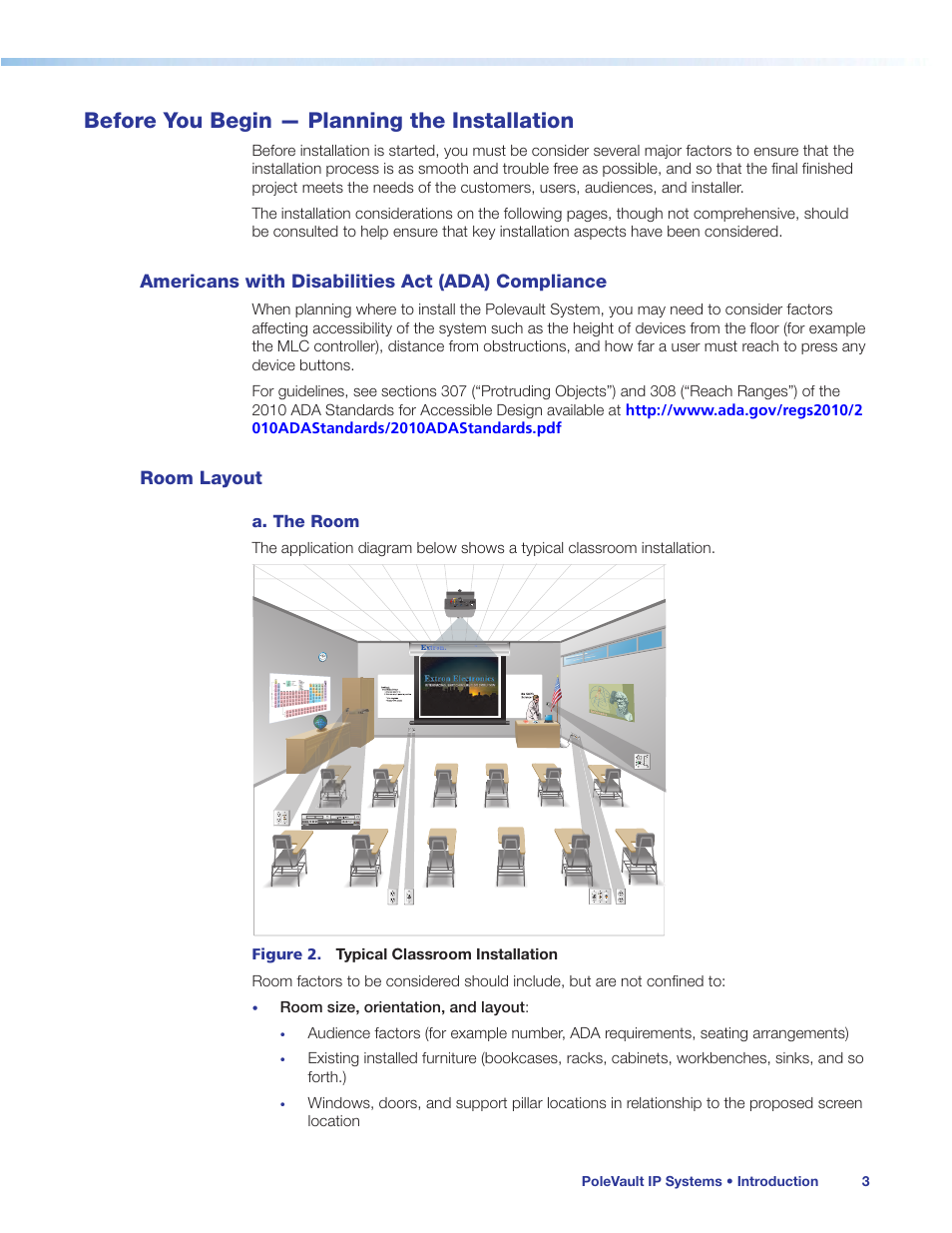 Before you begin — planning the installation, Americans with disabilities act (ada) compliance, Room layout | Extron Electronics PoleVault IP Systems PVS 305SA IP User Manual | Page 7 / 52