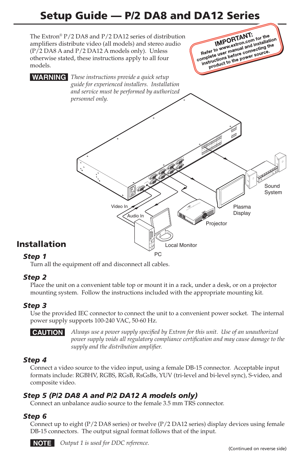 Extron Electronics P-2 DA12 Series Setup Guide User Manual | 2 pages