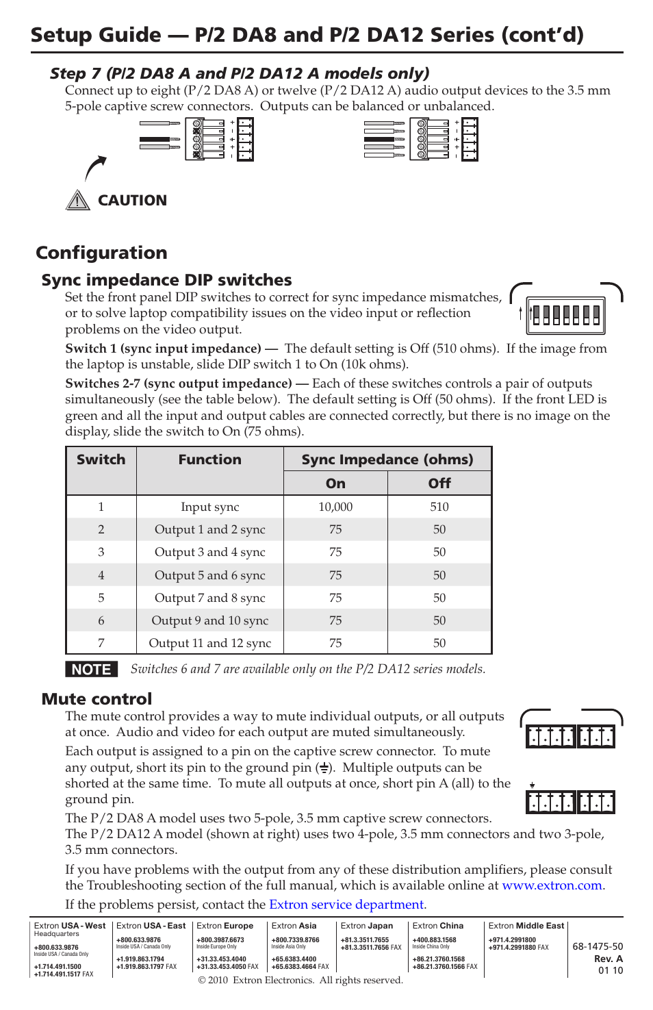 Configuration, Sync impedance dip switches, Mute control | Caution, Switch function sync impedance (ohms) on off | Extron Electronics P-2 DA12 Series Setup Guide User Manual | Page 2 / 2