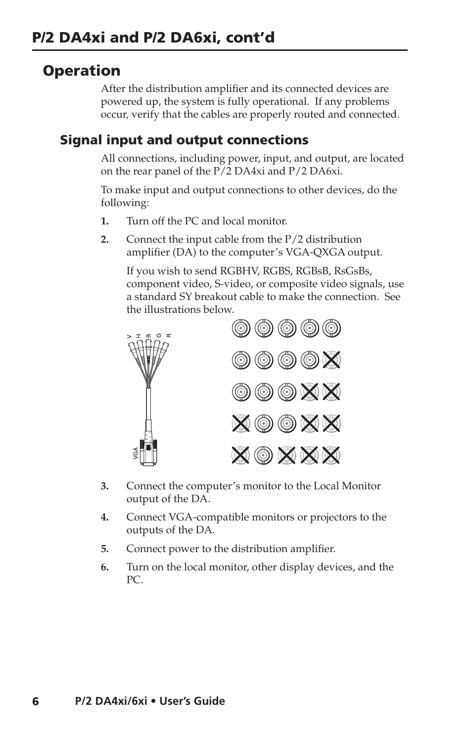Operation, Signal input and output connections, P/2 da4xi and p/2 da6xi, cont’d | P/2 da4xi/6xi • user’s guide, P/2 da4xi/6xi • user’s guide 6 | Extron Electronics P-2 DA6xi User Guide User Manual | Page 10 / 20