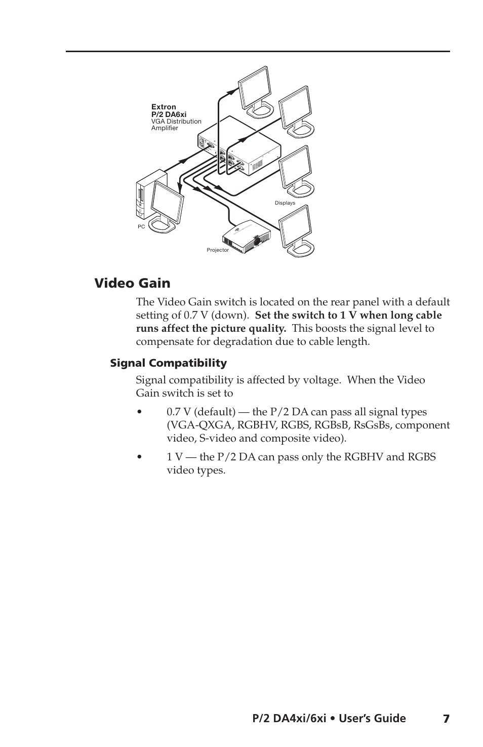 Video gain, Signal compatibility, P/2 da4xi/6xi • user’s guide | Extron Electronics P-2 DA6xi User Guide User Manual | Page 11 / 20